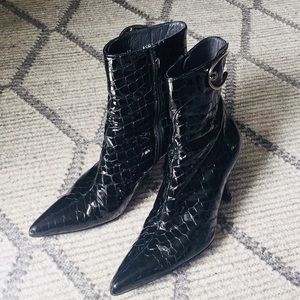 Stuart Weitzman Croc Embossed Patent Booties